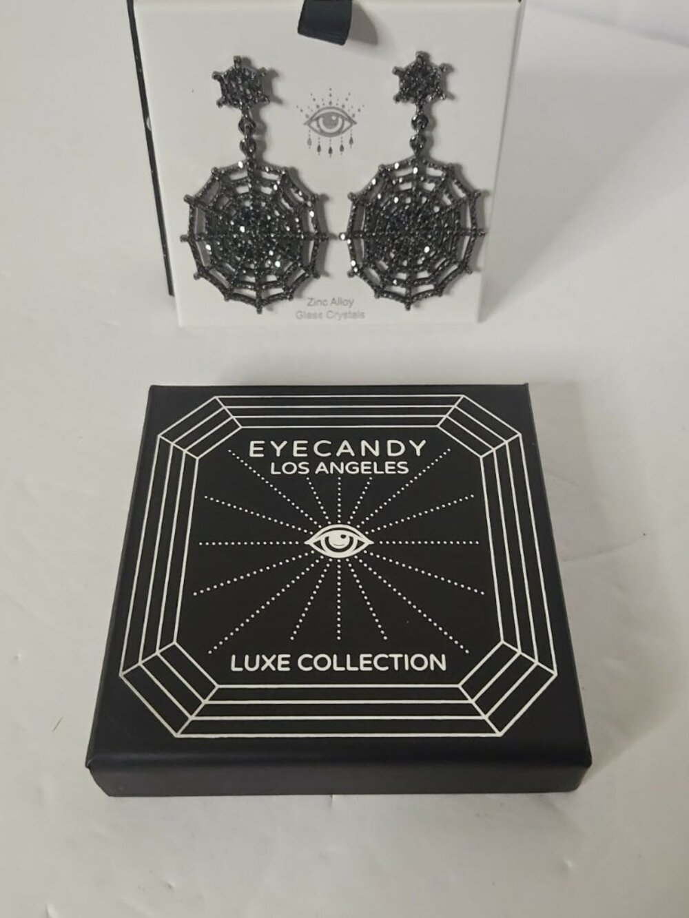 NIB Eye Candy LA Luxe Collection Spider Web Crystal Statement Earrings Pierced - Picture 2 of 4